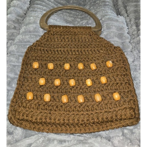 Handmade Handbags - VINTAGE‎ Hand-made Brown Crocheted Macrame Purse Wooden Handles And Beads BOHO